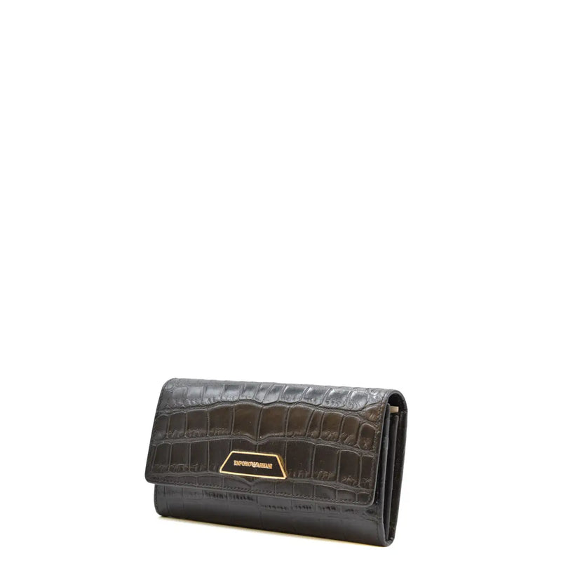 Portefeuille Emporio Armani pour femme en cuir noir à boutons, cuir vert foncé texturé crocodile et plaque logo dorée