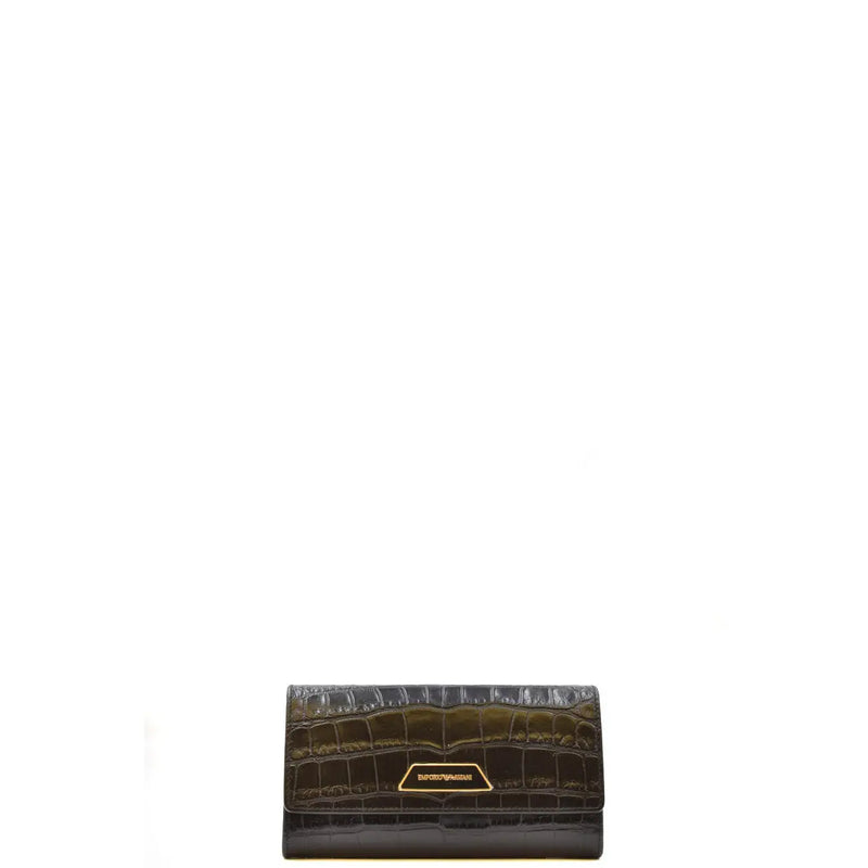 Portefeuille Emporio Armani pour femme en cuir noir à boutons, orné d'un motif crocodile vert foncé et d'une plaque logo dorée.