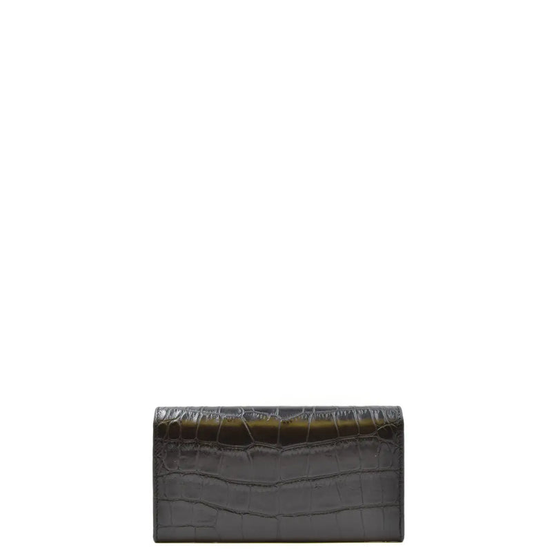Portefeuille Emporio Armani pour femme en cuir vert foncé façon crocodile, avec boutons pour une fermeture sécurisée