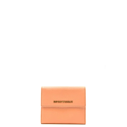 Portefeuille Emporio Armani pour femme en cuir corail avec poches couleur pêche, en cuir lisse et plaque logo dorée.