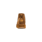 Back side of tan suede Emu Australia women leather ankle boot with thick matching rubber sole and logo patch on heel