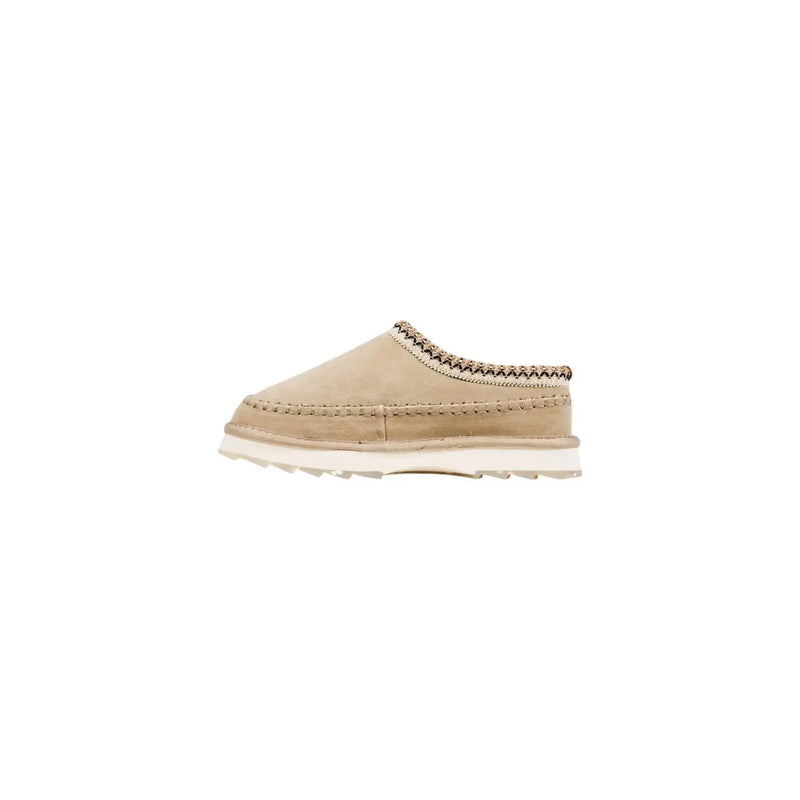 Emu Australia women leather slippers beige suede slip-on mule shoe with dark zigzag stitch and white rubber sole