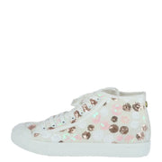 White high-top sneaker from Enrico Coveri women spring summer collection with rose gold and pink sequined floral patterns