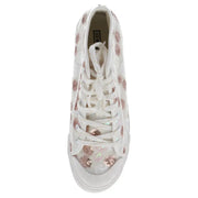White high-top sneaker from enrico coveri women sneakers spring summer collection with rose gold sequin polka dots and mesh upper