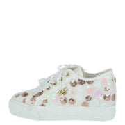 Enrico Coveri women’s white low-top sneaker with rose gold and iridescent sequin floral patterns and gold-tone logo