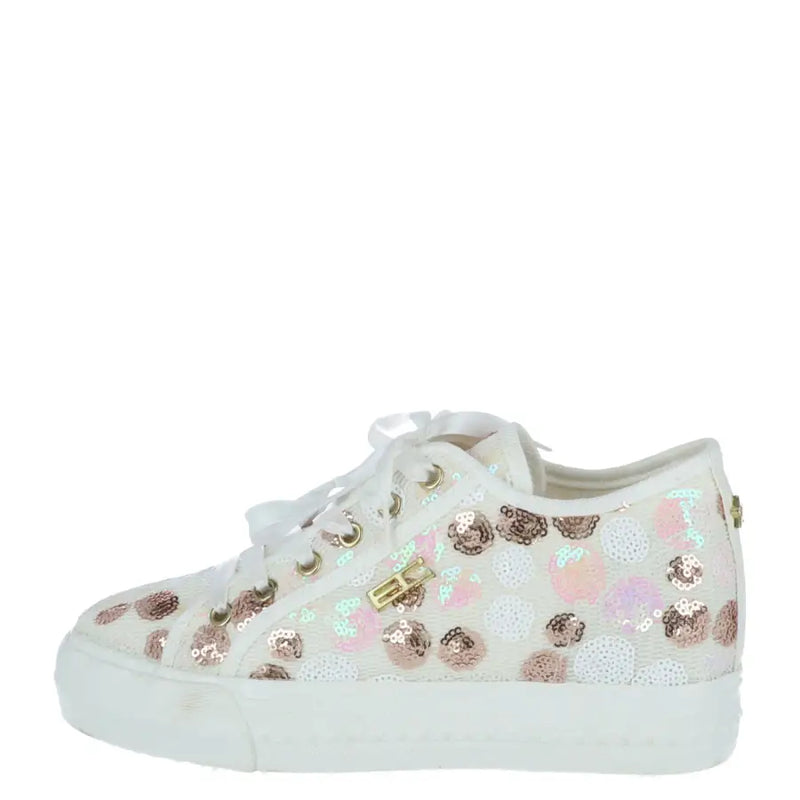 Enrico Coveri women’s white low-top sneaker with rose gold and iridescent sequin floral patterns and gold-tone logo
