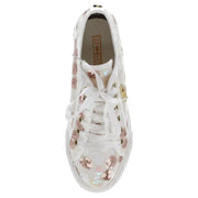 Enrico Coveri women’s white sneaker with rose gold and silver sequins, white laces, and textured upper