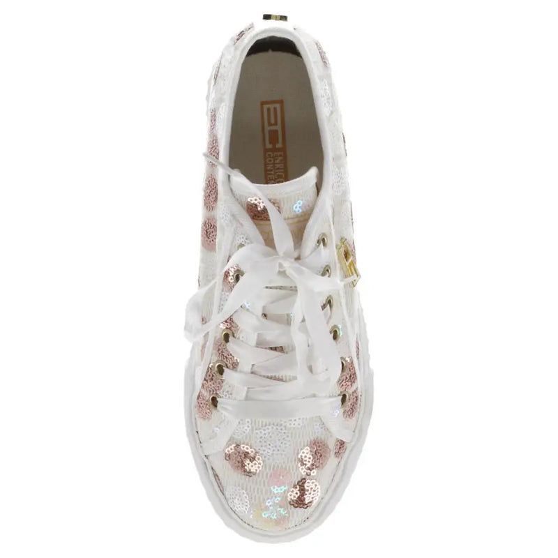 Enrico Coveri women’s white sneaker with rose gold and silver sequins, white laces, and textured upper