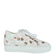 Enrico Coveri women’s white slip-on sneaker with rose gold and iridescent sequin floral embellishments