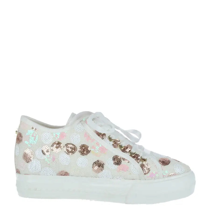 Enrico Coveri women’s white slip-on sneaker with rose gold and iridescent sequin floral embellishments