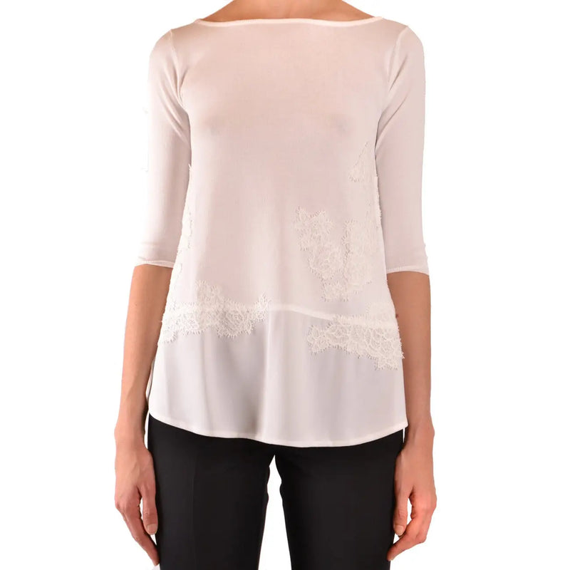 Tricot beige pour femme Ermanno en viscose mélangée top avec un délicat tissu transparent blanc cassé et des détails en dentelle à l'ourlet