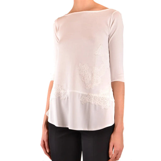Ermanno women beige knitwear viscose blend top with delicate off-white color three-quarter sleeves and lace hemline detailing