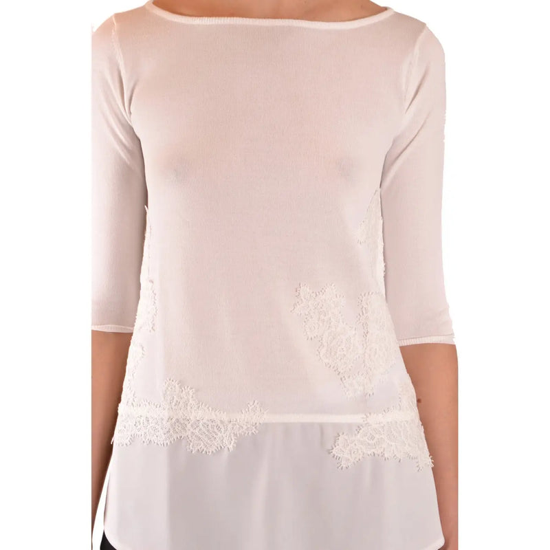 Tricot beige pour femme Ermanno en viscose mélangée top Confectionnée en tissu transparent blanc cassé et ornée de délicates dentelles blanches sur les côtés et l'ourlet.