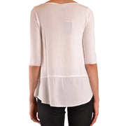 Tricot beige pour femme Ermanno en viscose mélangée top présentant un chemisier transparent blanc cassé doux avec des manches trois-quarts et un ourlet à volants