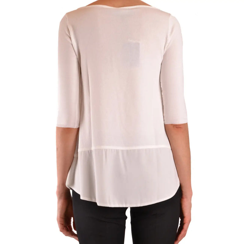Tricot beige pour femme Ermanno en viscose mélangée top présentant un chemisier transparent blanc cassé doux avec des manches trois-quarts et un ourlet à volants
