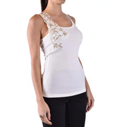 Ermanno white ribbed floral cotton tank top with beige lace and gold embroidery
