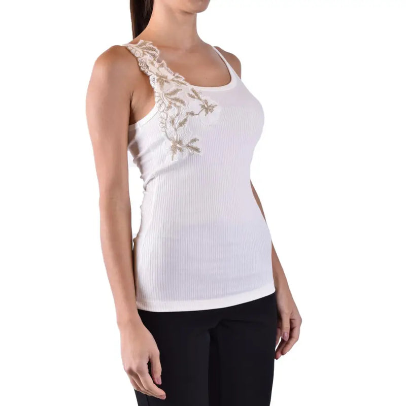 Ermanno white ribbed floral cotton tank top with beige lace and gold embroidery