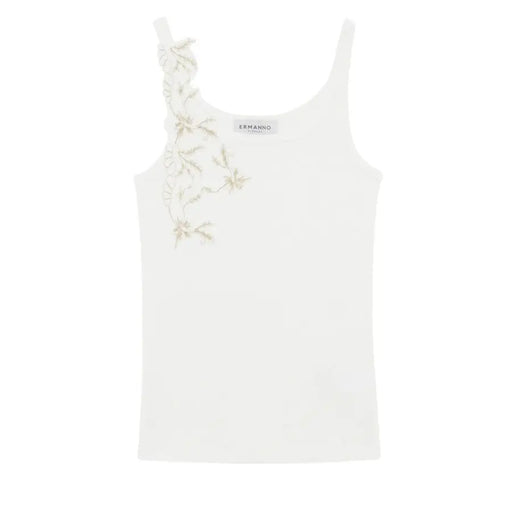 Ermanno Scervino white floral cotton tank top with embroidered shoulder