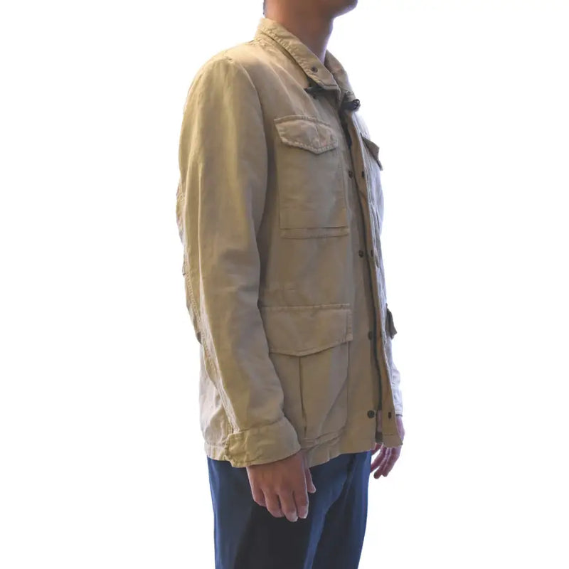 Blazer beige pour homme en coton et lin, veste à col roulé long avec de multiples poches à rabat et fermeture à boutons
