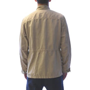 Blazer long à col roulé en coton et lin beige de la marque Fay, avec une coupe décontractée et des détails de couture discrets.