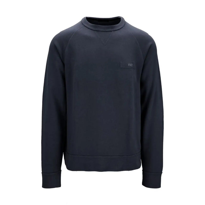 Fay men knitwear dark navy cotton crewneck sweatshirt with subtle black logo patch on the left chest