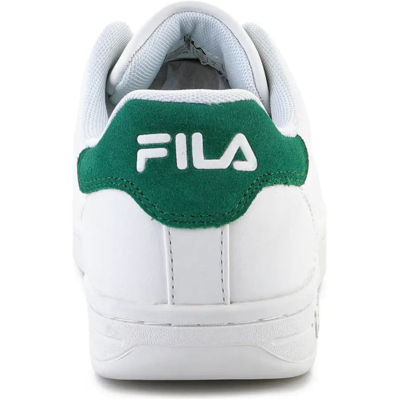 Back view of fila men white sneakers for all seasons with green suede heel tab and white brand logo