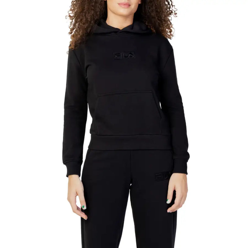 Fila women’s black cotton hoodie with subtle embroidered logo paired with matching black joggers for casual wear