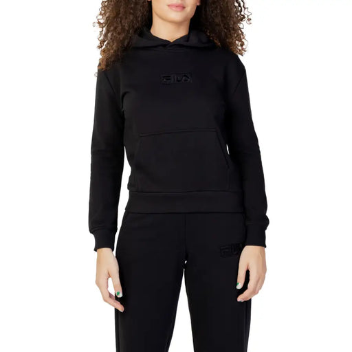 Fila women’s black cotton hoodie with subtle embroidered logo paired with matching black joggers for casual wear