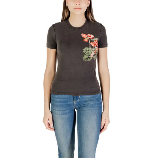 Dark grey fitted T-shirt with colorful floral print on chest for Desigual Women Spring Summer collection