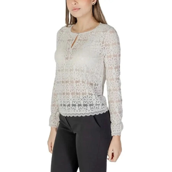 Floral lace long-sleeved blouse in beige by Morgan De Toi for women’s Spring Summer collection