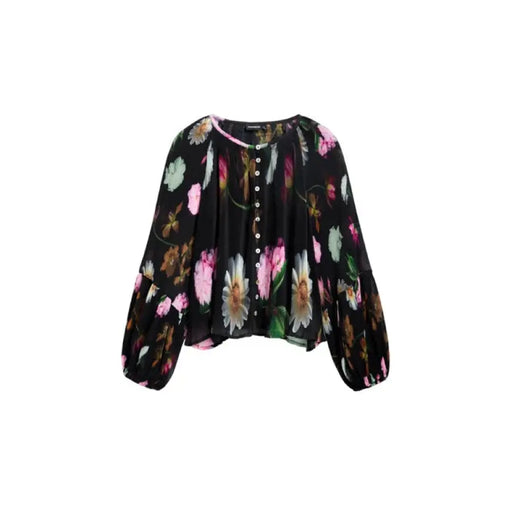 Floral print balloon sleeve button down blouse displayed in a fashion product image