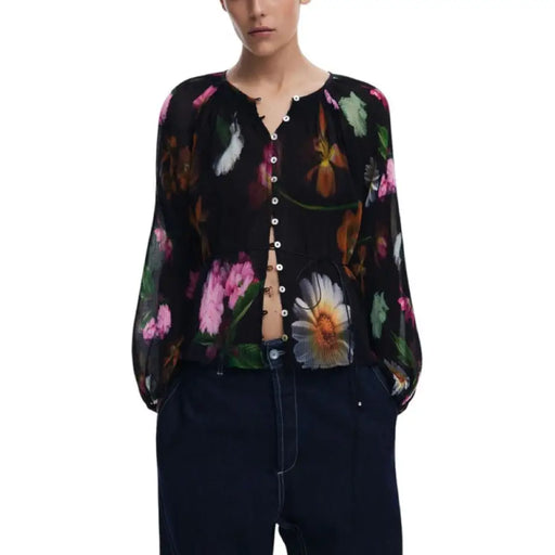 Floral print balloon sleeve button-down blouse displayed for women’s fashion product