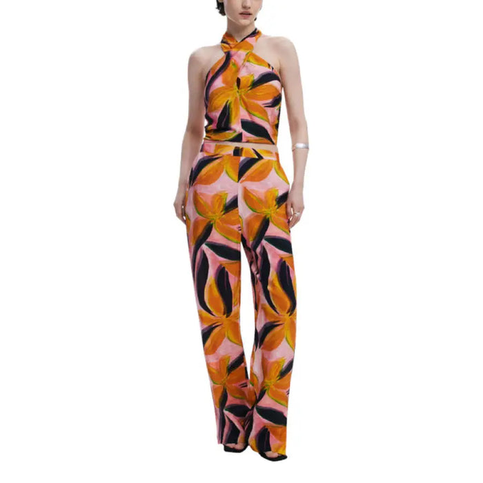 Floral print halter top and pants set showcased in product image
