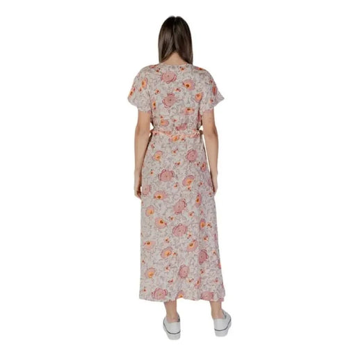 B.young Pink Printed V-Neck Short Dress featuring a vibrant floral print in 100% cotton