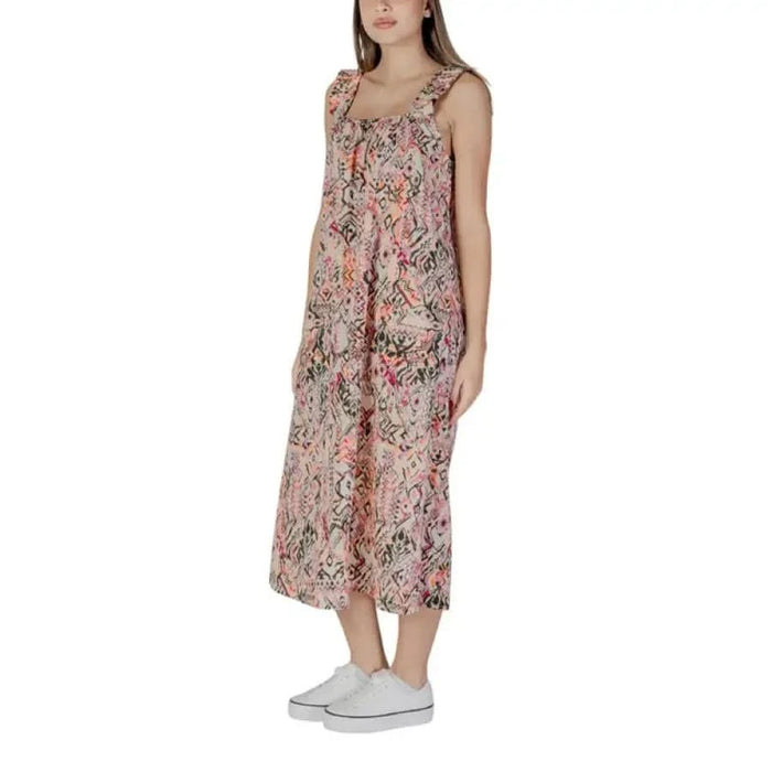 Floral print midi dress by B.young in pink with square neckline for women