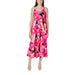 Pink floral tiered maxi dress with elegant midi-length floral print design