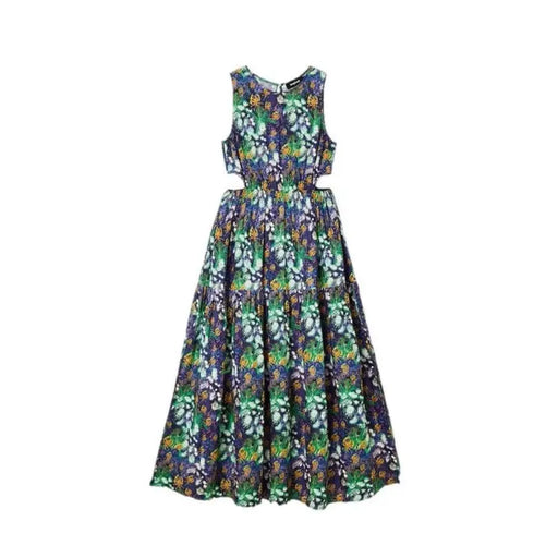 Floral print sleeveless maxi dress with side cutouts displayed in the product listing