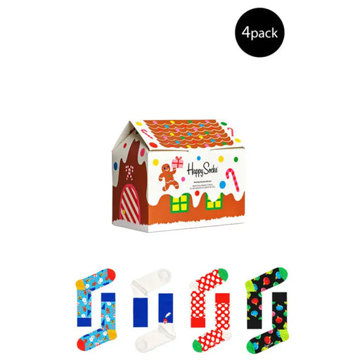 Holiday socks in a gingerbread house box featuring festive designs and colors
