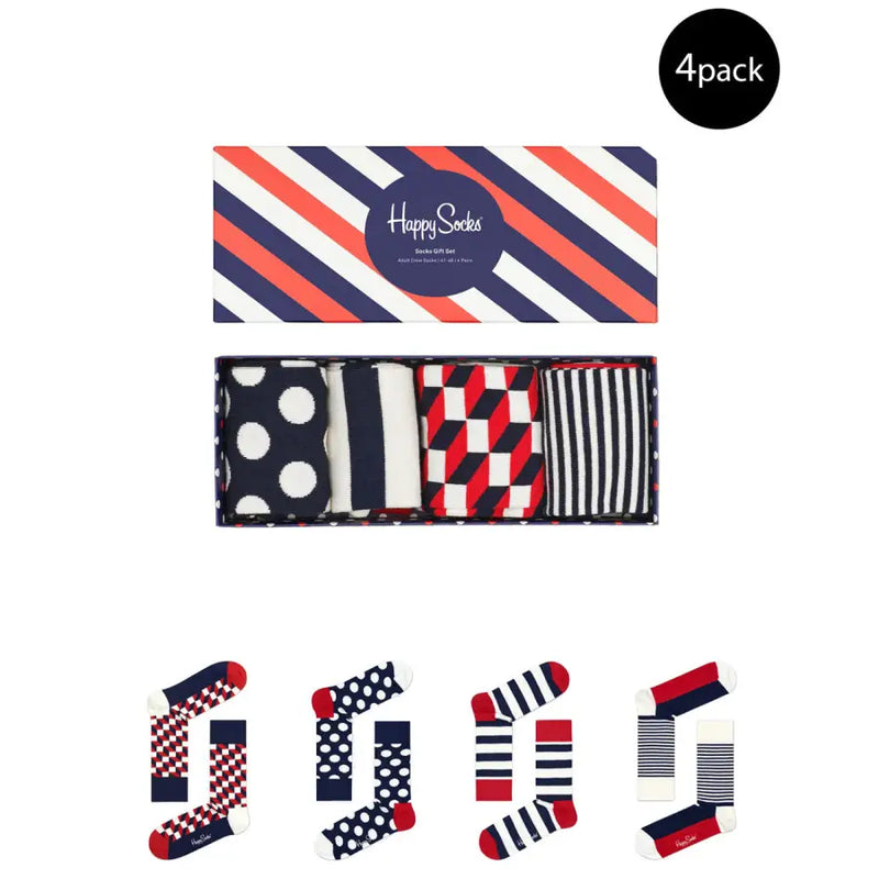 Four pairs of patterned socks arranged in a gift box for the Assorted Patterned Socks Gift Box product