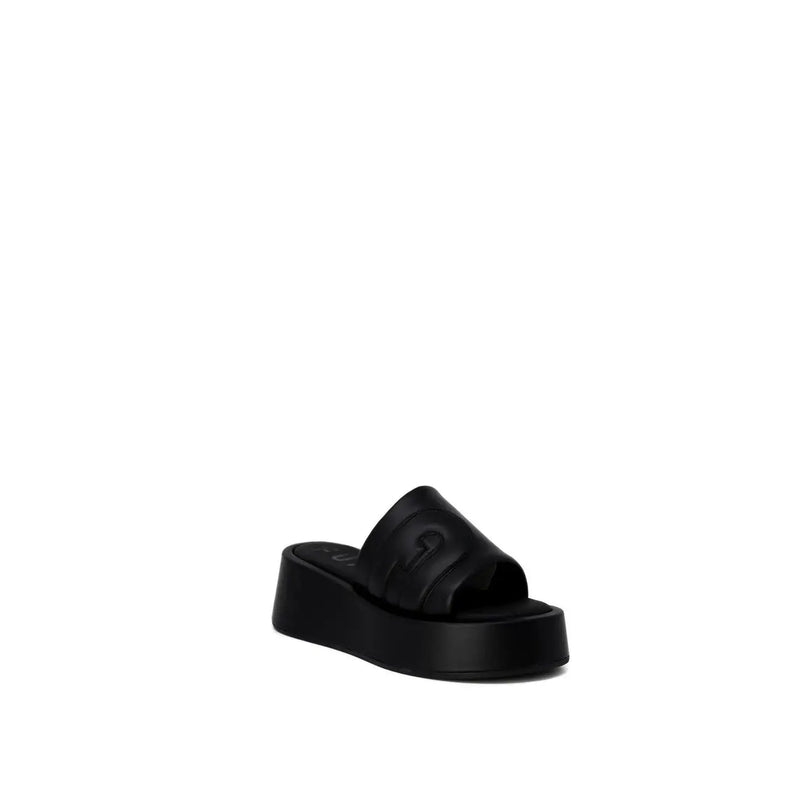 Furla women’s black leather platform slide sandal with glossy finish and embossed logo on the strap size 6