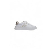 Furla women’s white leather and polyurethane sneaker with metallic gold logo and heel tab and chunky white sole