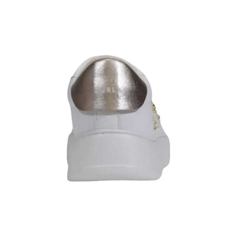 Furla women’s white leather and polyurethane sneaker with metallic silver heel tab and gold bead side detailing