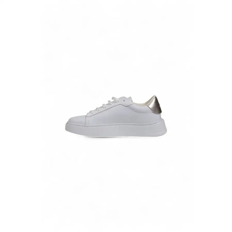 Furla women’s white leather low-top sneaker with metallic silver heel tab and thick white rubber sole back view