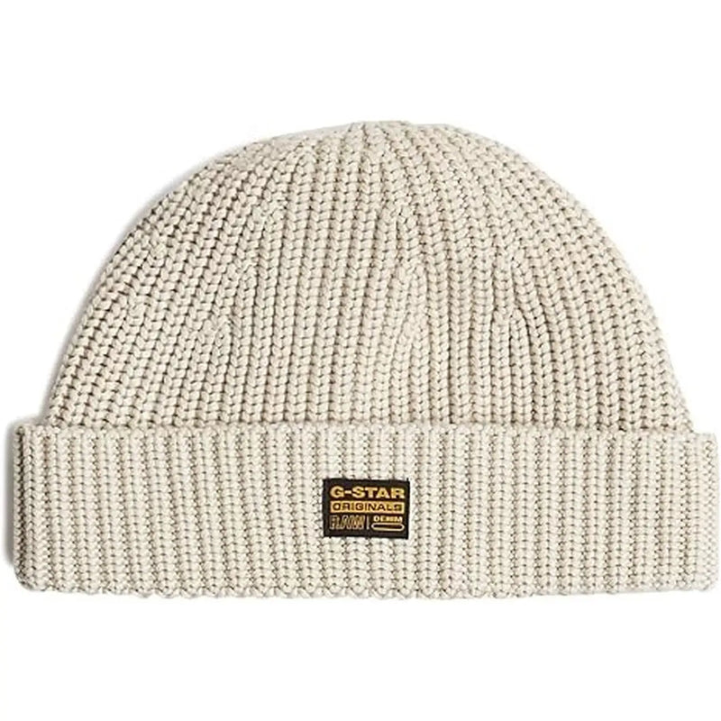 Bonnet G-Star pour homme, en maille côtelée beige, avec revers et étiquette G-Star Originals, vue de face