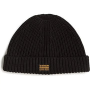 Bonnet G-Star noir en maille côtelée pour homme, avec revers et étiquette rectangulaire (vue de face)