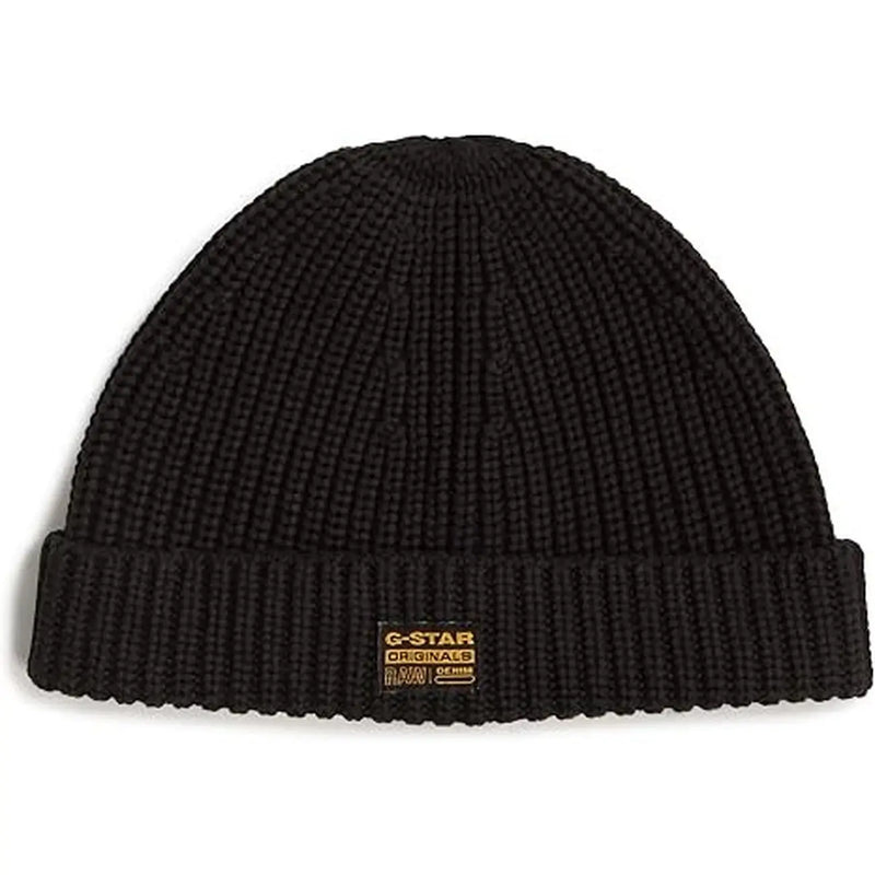 Bonnet G-Star noir en maille côtelée pour homme, avec revers et étiquette rectangulaire (vue de face)