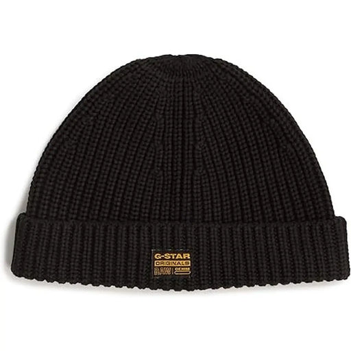 Bonnet G-Star noir en maille côtelée pour homme, avec revers et étiquette rectangulaire (vue de face)