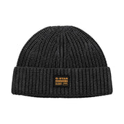Bonnet G-Star pour homme, en maille côtelée noire, avec revers et logo rectangulaire (vue de face).