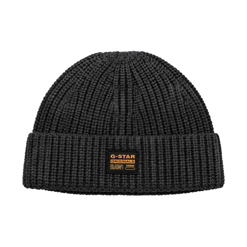 Bonnet G-Star pour homme, en maille côtelée noire, avec revers et logo rectangulaire (vue de face).