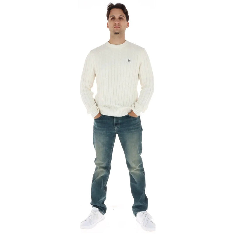 Pull G-Star Jeans crème en maille côtelée pour homme, avec petit logo sur la poitrine gauche, vue de face
